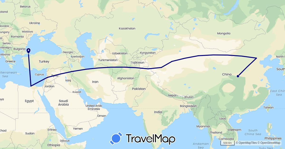 TravelMap itinerary: driving in China, Egypt, Lebanon, Pakistan, Turkey (Africa, Asia)